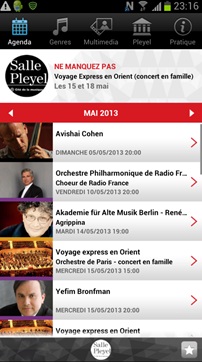 Page d'accueil et menu de l'appli Salle Pleyel